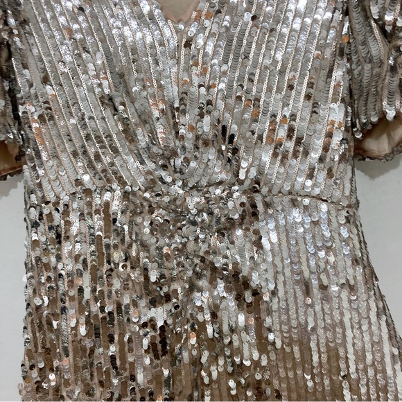 Rotate Birger Christensen Sierina Dress Silver Sequin Puff Sleeve Midi Size 6 - Picture 10 of 16